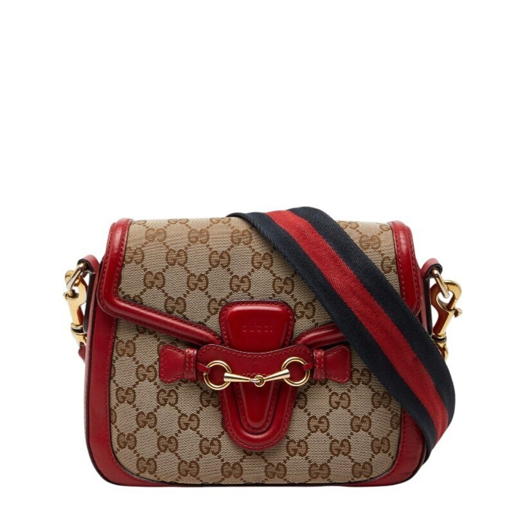 Gucci GG Canvas Sherry Crossbody Bag Beige Cream Red Leather